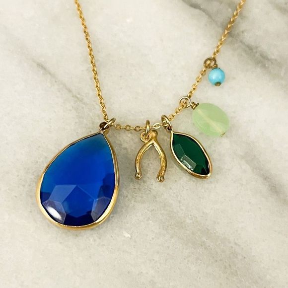 Danielle Stevens Necklace Blue Gold Toned Beaded Pendant Designer - Picture 2 of 4